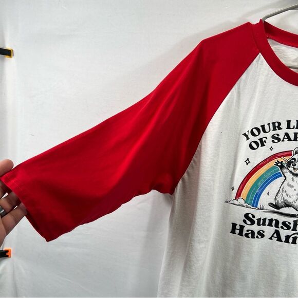 Gildan Red and White Sarcastic Sloth Raglan Baseball Tee - Picture 2 of 8